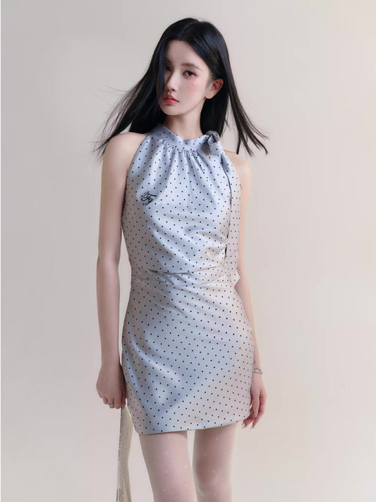 Satin Polka Dot Ruched Waist Short Dress With Neck Tie