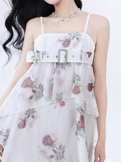 Rose Floral Belted A-Line Mini Camisole Dress