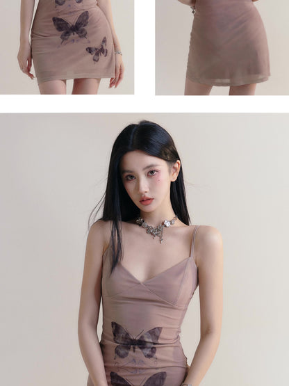 Butterfly Print Soft Sheer Breathable Lined Camisole Dress