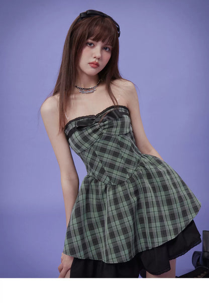 Checkered Tube Top Slim Fit Zip-Up Mini Dress With Bow