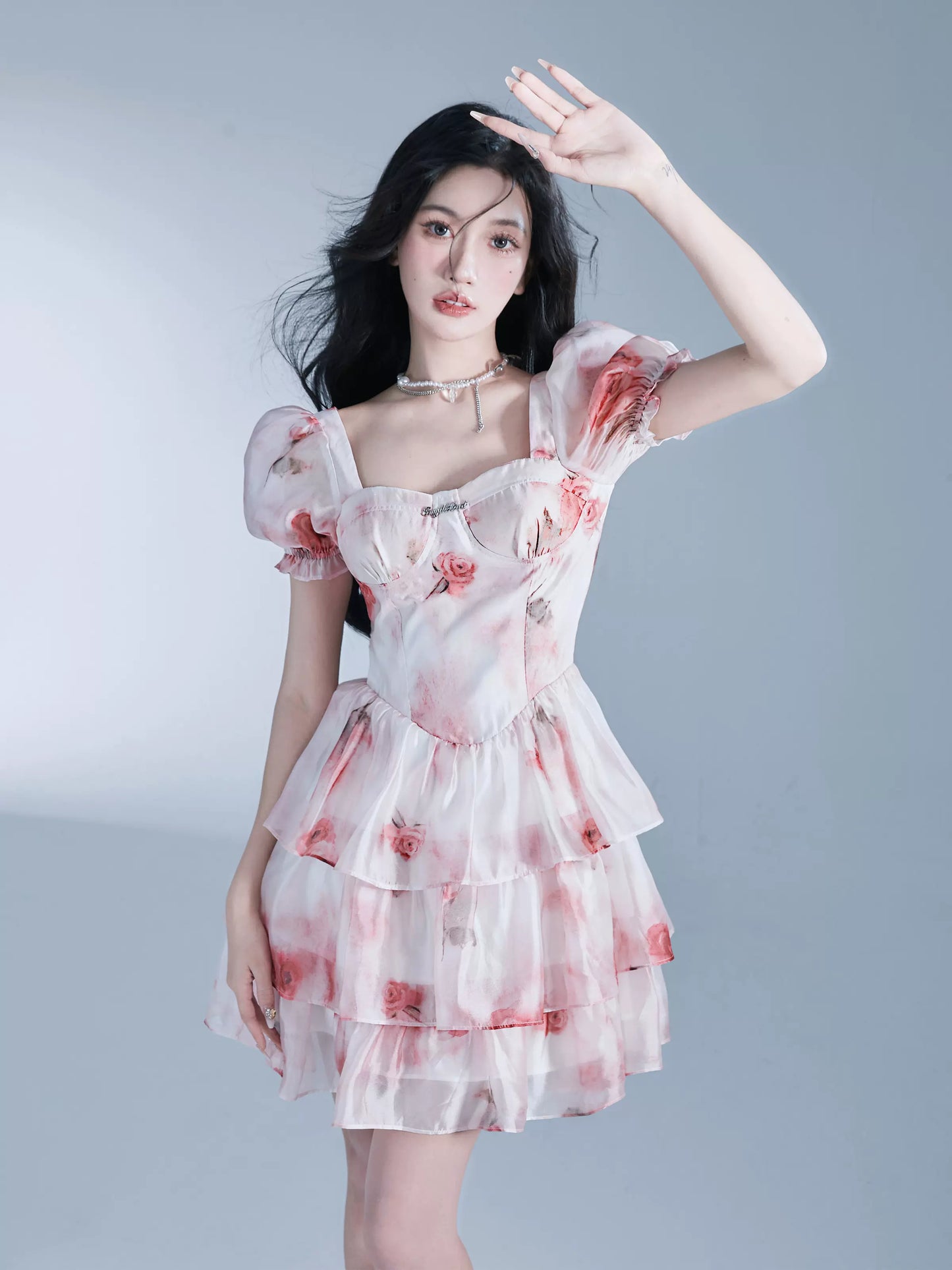 Rose Print Puff Sleeve Ruffled Glossy Chiffon Dress