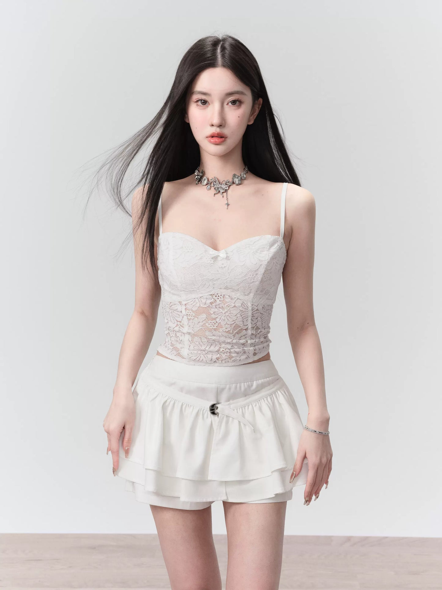 Mix And Match Lace Camisole, Shirt, And Skirt With Shorts