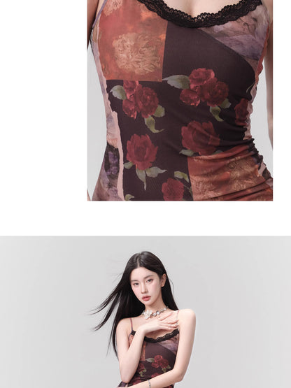 Rose Floral Print Lace Trim Shirring Waist Camisole Dress