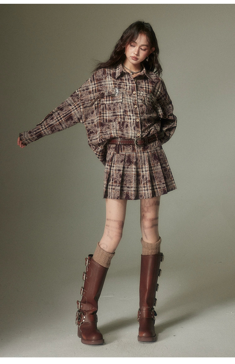 Maillard Style Contrast Plaid Shirt & Pleated Skirt