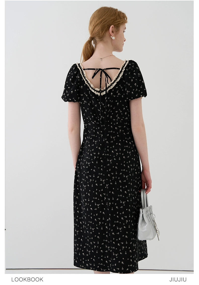 Lace-Trimmed Floral Dress With Back Tie