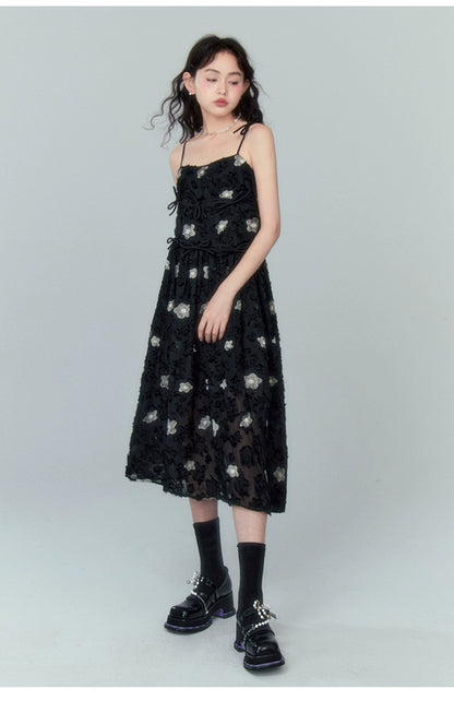 Bow Strap Suspender Sleeveless A-Line Midi Skirt One-Piece Dress