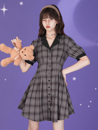 College Style Plaid Open Collar Button-Up Short Dress