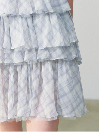 Sleeveless Plaid Chiffon Dress With Tiered Layers