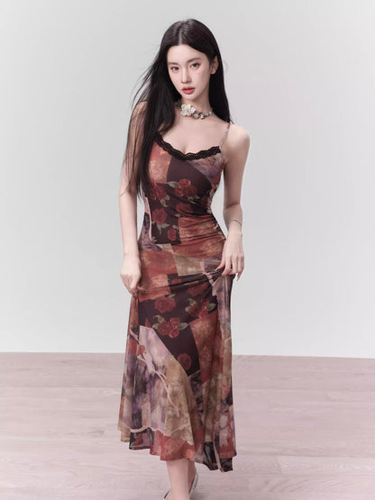 Rose Floral Print Lace Trim Shirring Waist Camisole Dress