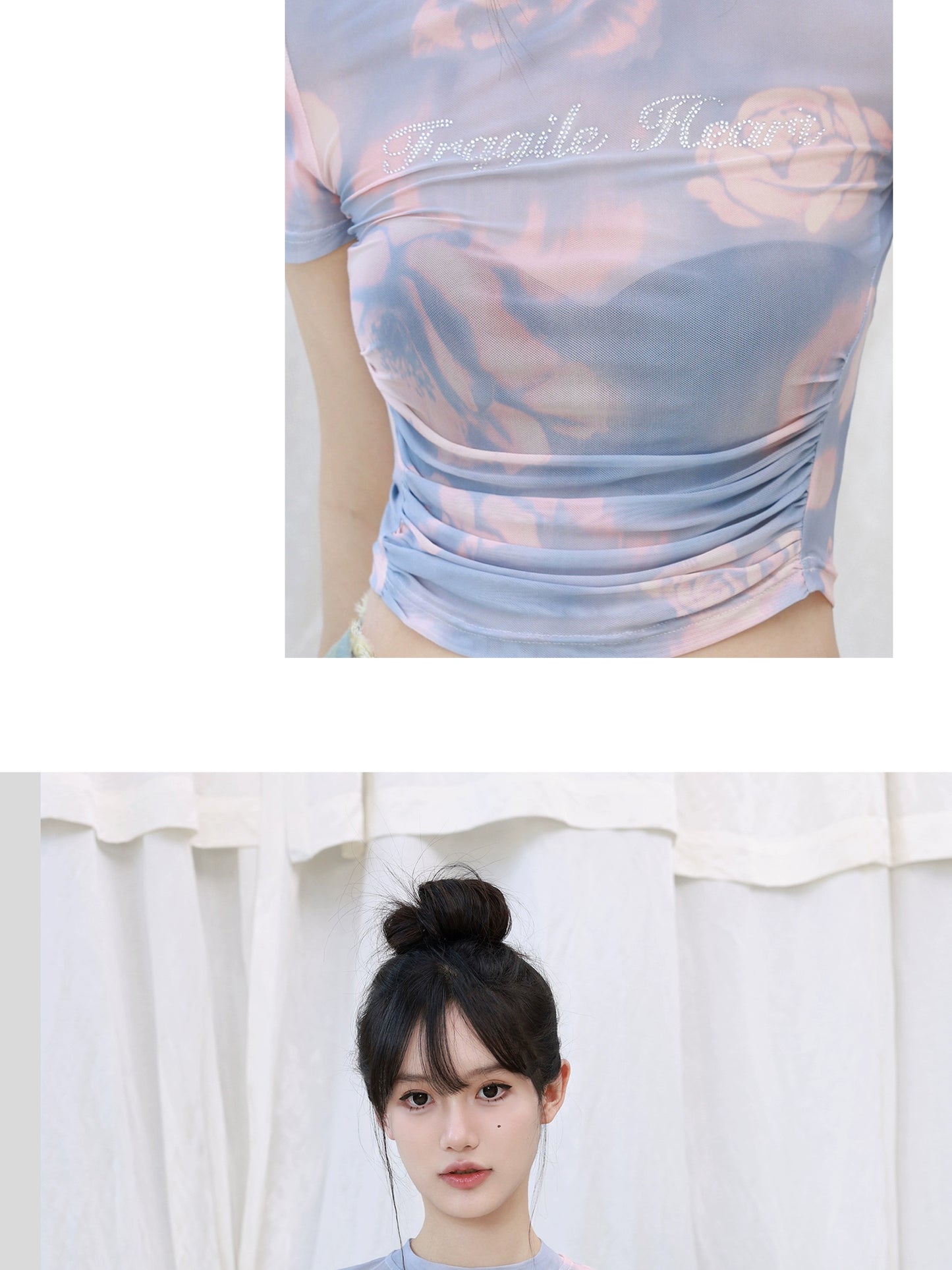 Rose Print Sheer Stretchy Ruched Mock Neck T-Shirt