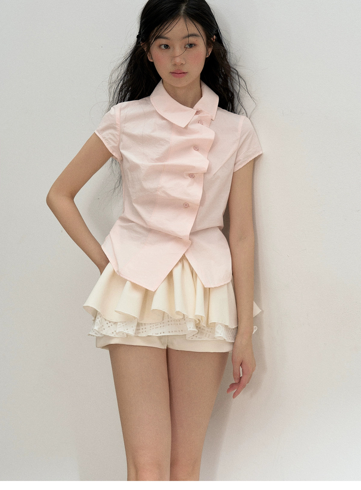 Asymmetric Blouse With Ruched Wavy Placket