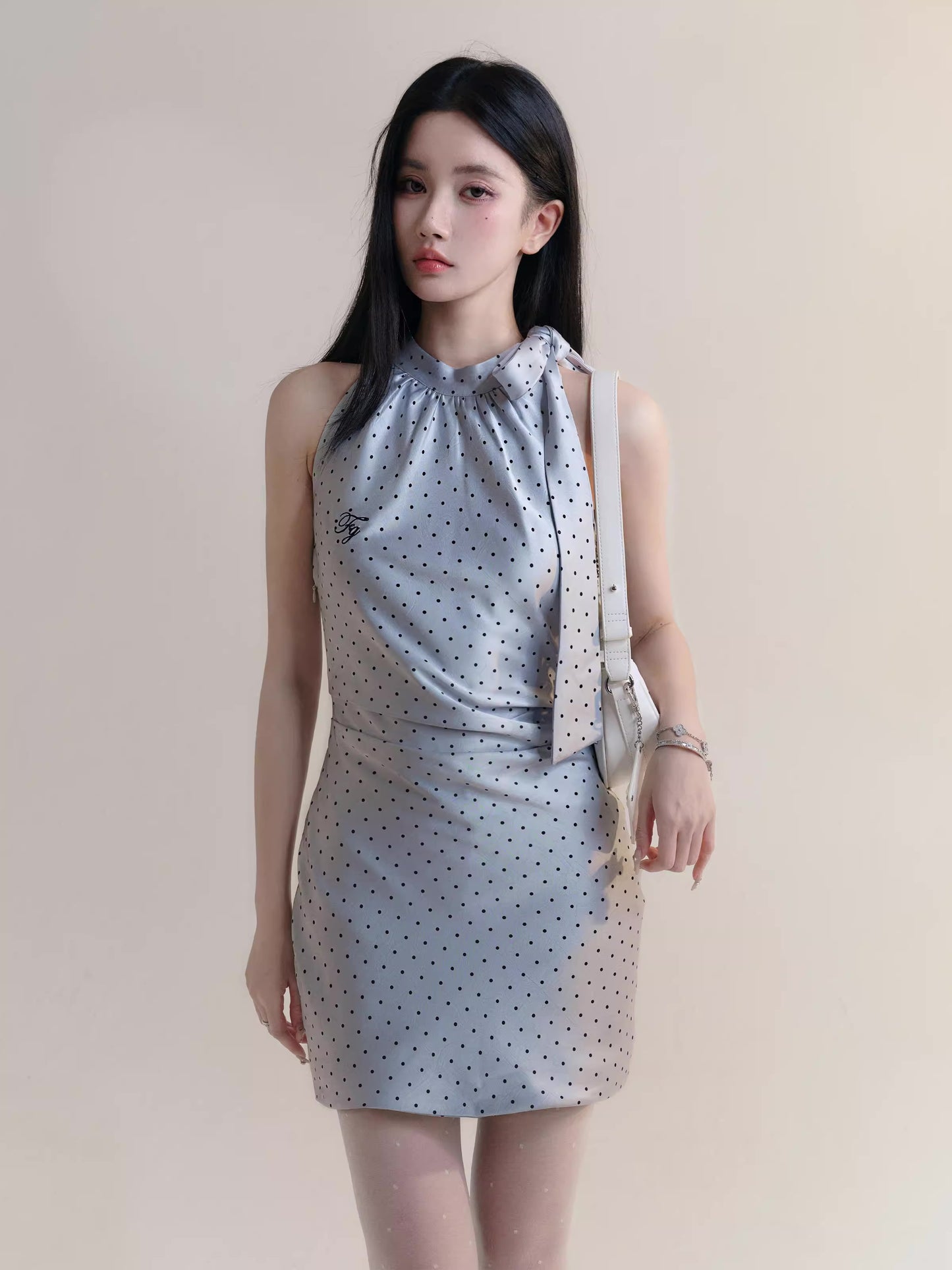 Satin Polka Dot Ruched Waist Short Dress With Neck Tie