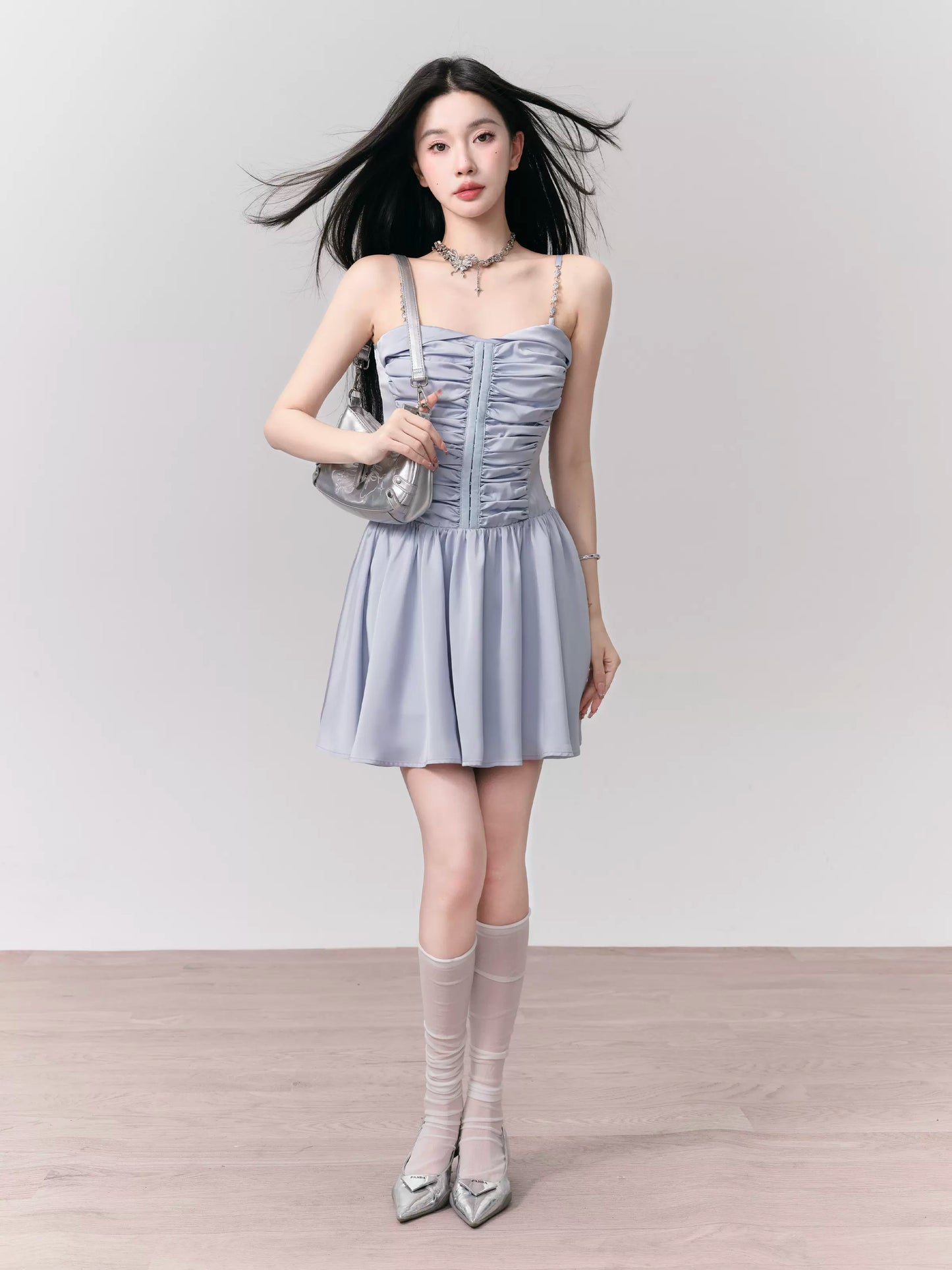 Pleated Satin Camisole Dress With Chained Straps