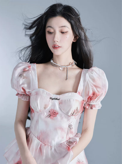 Rose Print Puff Sleeve Ruffled Glossy Chiffon Dress