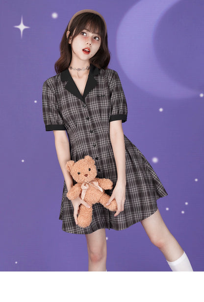 College Style Plaid Open Collar Button-Up Short Dress