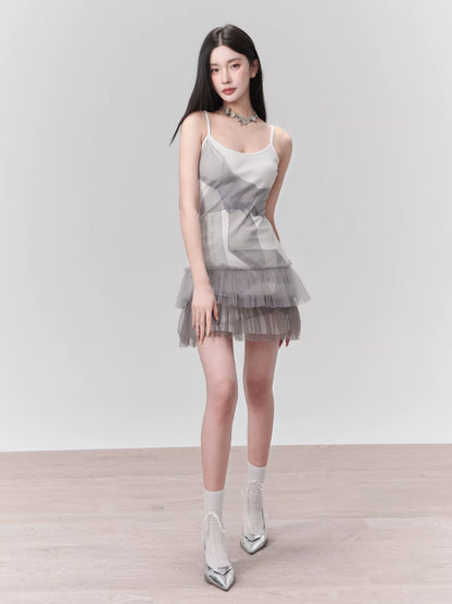 Pictorial Bow Print Tulle Camisole Dress