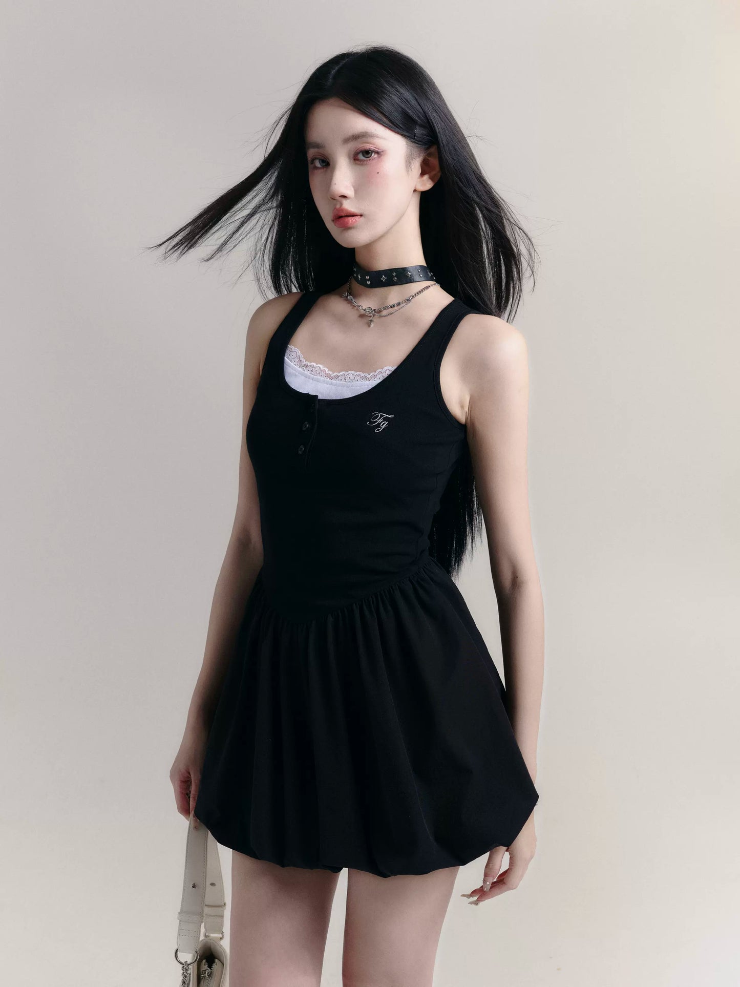 Girlish College Style Mini Bubble Tank Dress