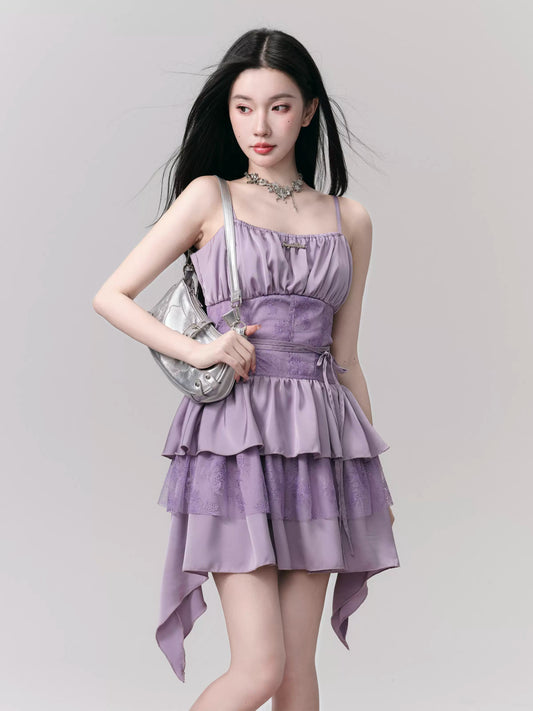 Lace Mixed Ruffled Mini Camisole Dress With Waist Strap