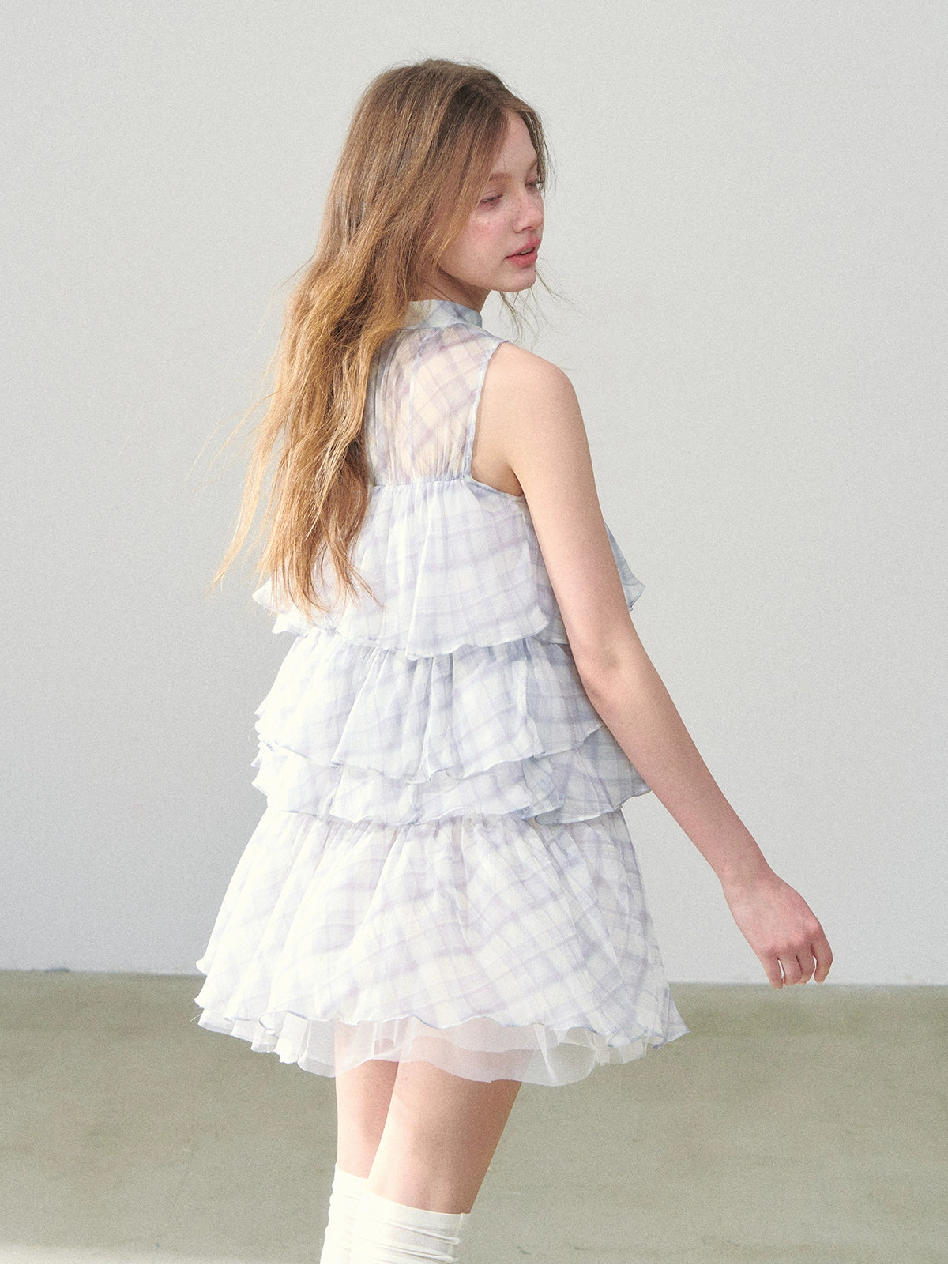 Sleeveless Plaid Chiffon Dress With Tiered Layers