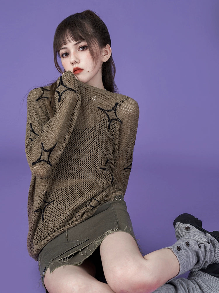 Long Sleeved Cross Hollow Star See-through Pullover