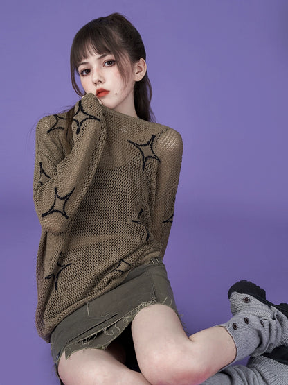 Long Sleeved Cross Hollow Star See-through Pullover