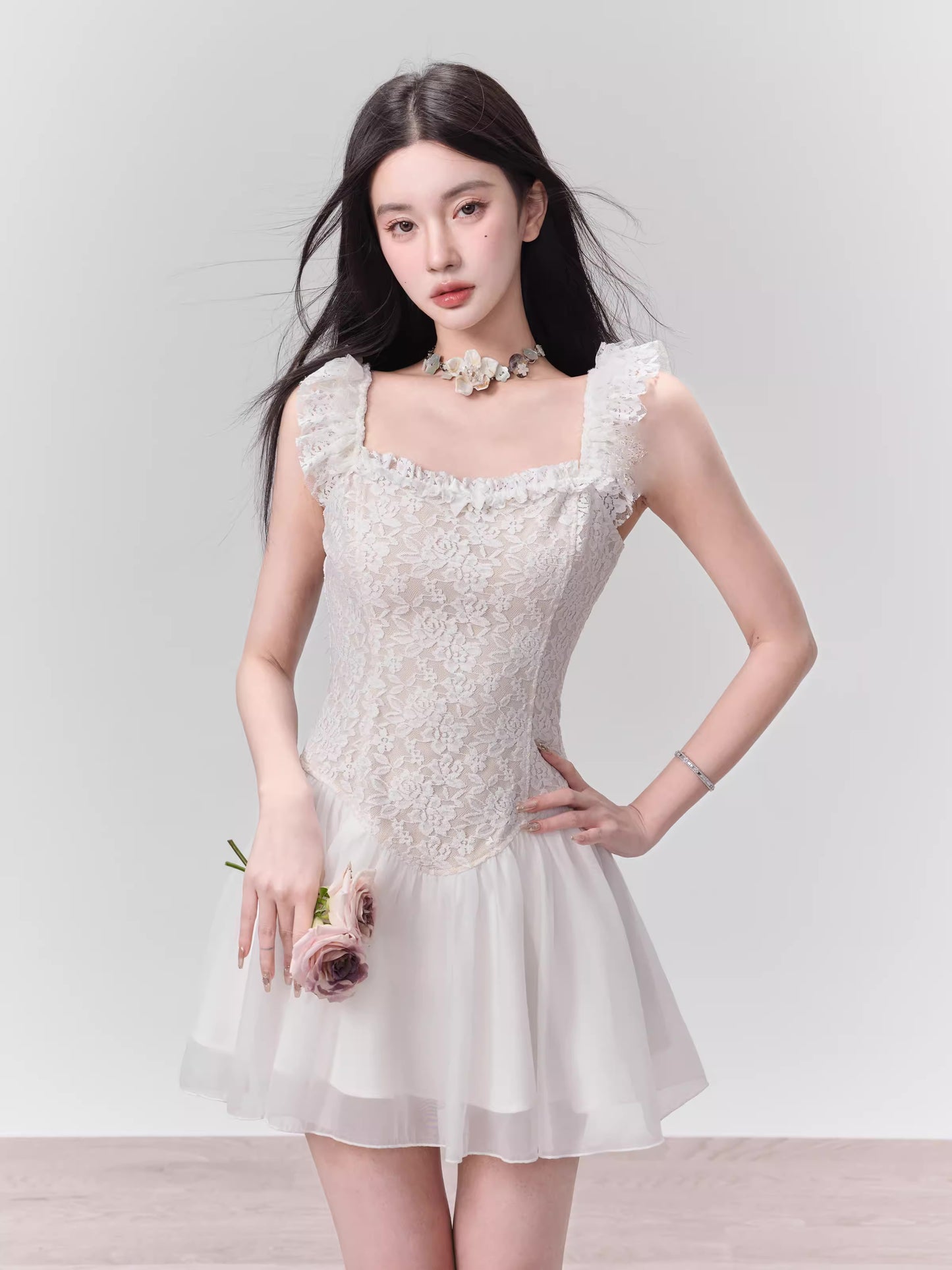 Ballet Style Frilled Lace Chiffon Flared Mini Dress