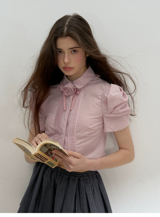 Pleated Puff-Sleeve Cropped Blouse
