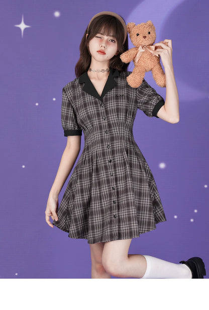 College Style Plaid Open Collar Button-Up Short Dress