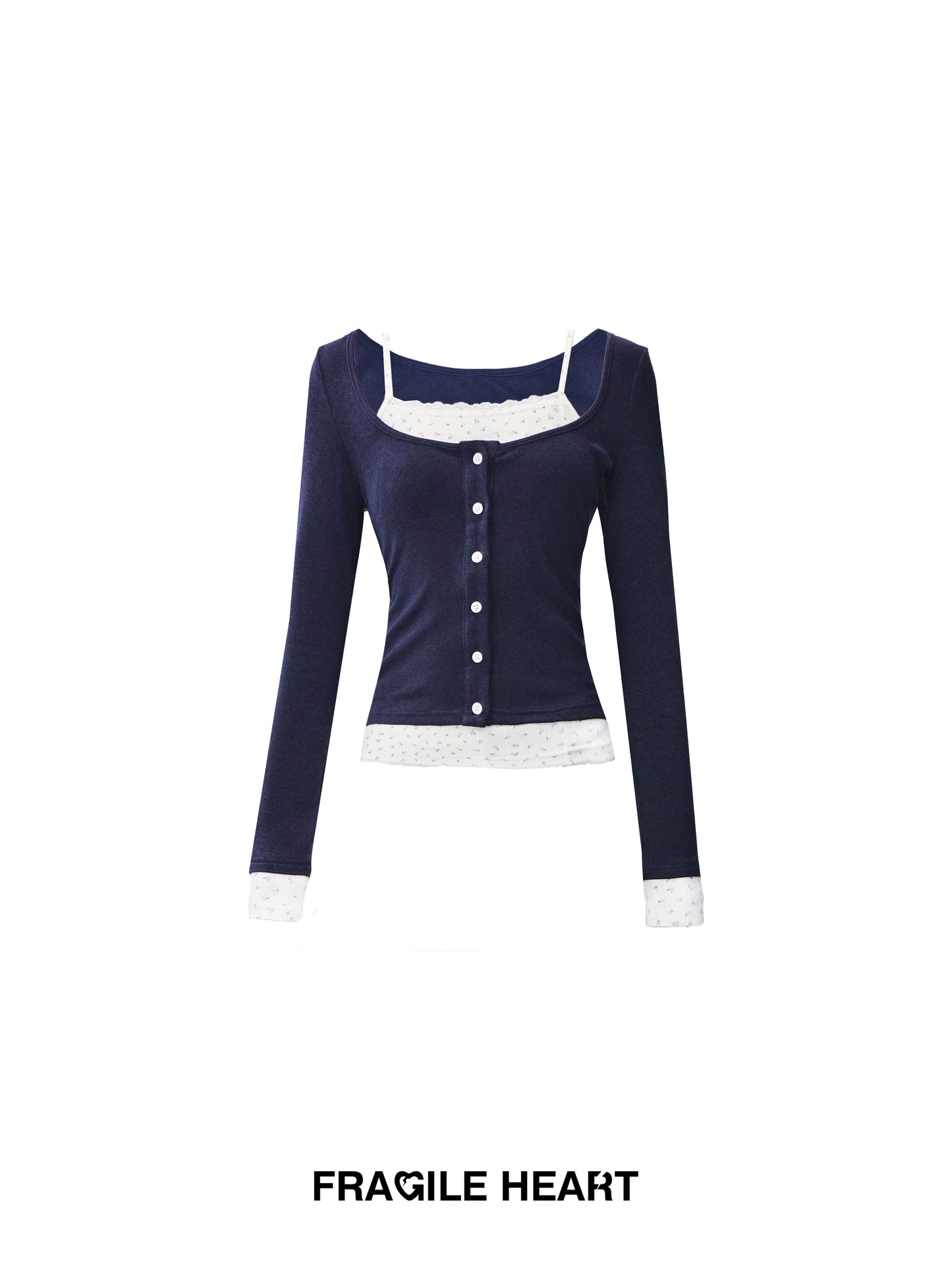 Button-Front Faux-Layered Wide Scoop Neck Top