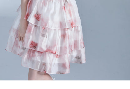 Rose Patterns Princess Fairy Puff Sleeve Miniskirt Dress