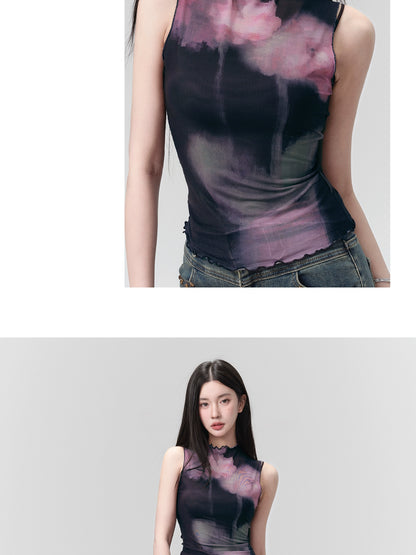 Sheer Smudge Print Gradation High Neck Tank Top