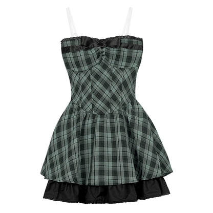 Checkered Tube Top Slim Fit Zip-Up Mini Dress With Bow