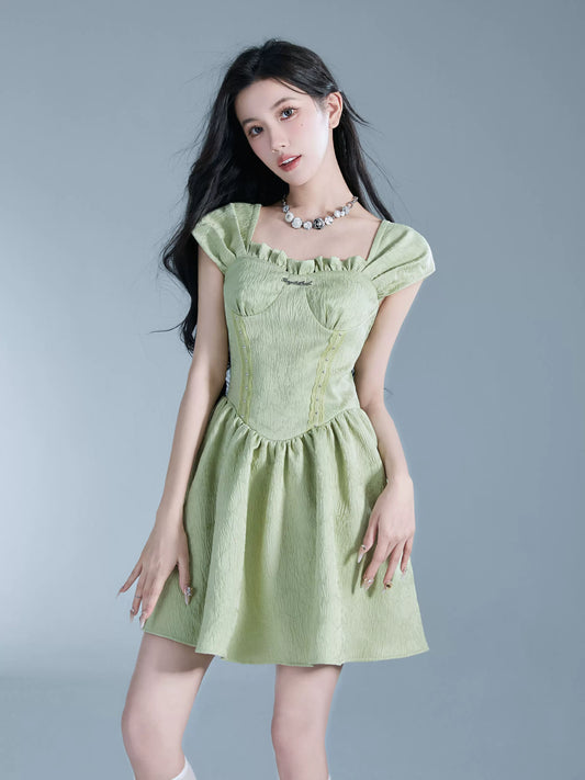 Soft Jacquard French Sleeve Bustier-Style Short Flared Dress