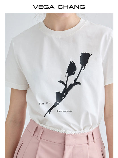 Minimal Flower Contrast Print Round Neck T-Shirt