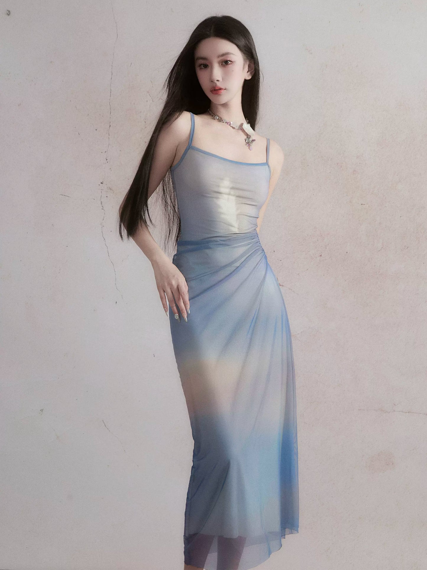 Sunset-Inspired Smudged Color Asymmetric Long Dress