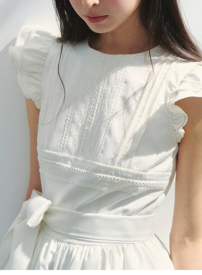 Butterfly-Sleeve Pleated Dress With Bow Waist