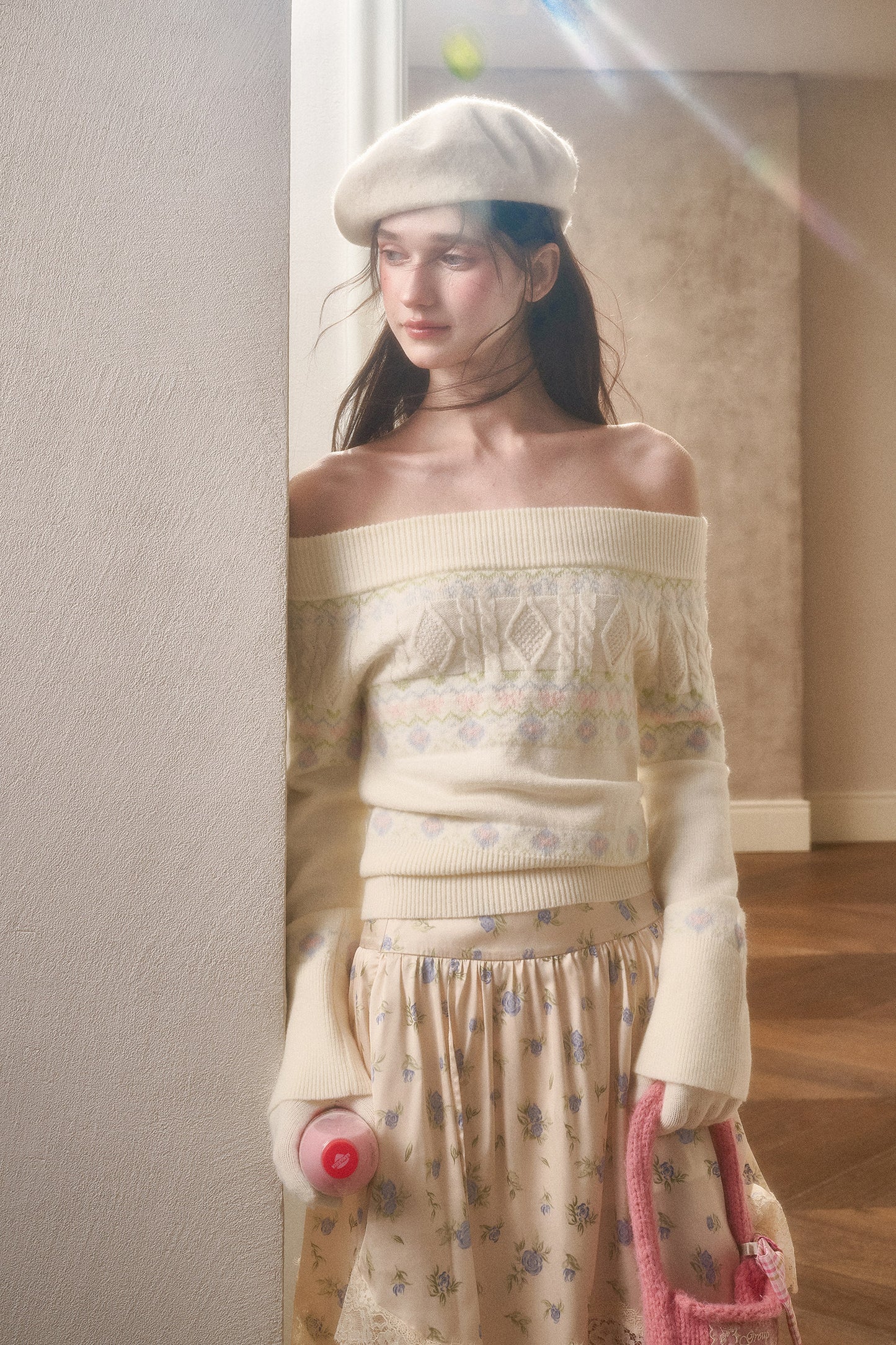 Off-Shoulder Fair Isle Sweater, Floral Skirt & Scarves