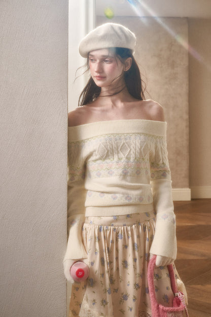 Off-Shoulder Fair Isle Sweater, Floral Skirt & Scarves