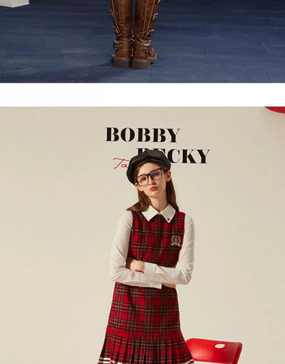 Preppy Style Pleated Wool Plaid Miniskirt Vest One-Piece Dress