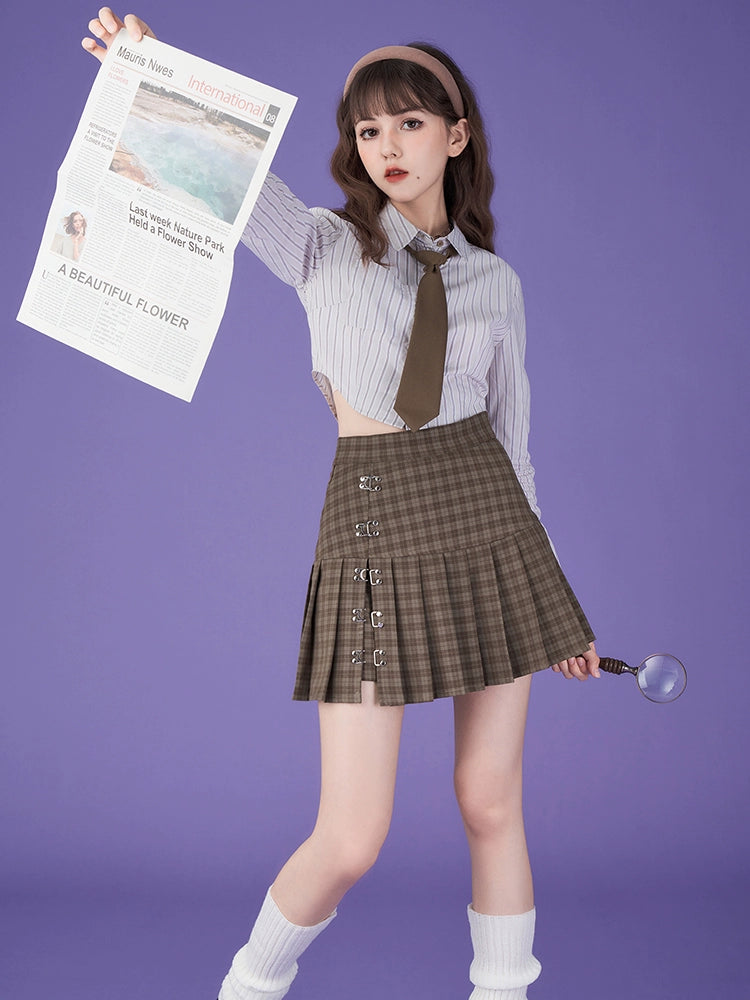 College Style Plaid High Waist Pleated Skirt With Clasps