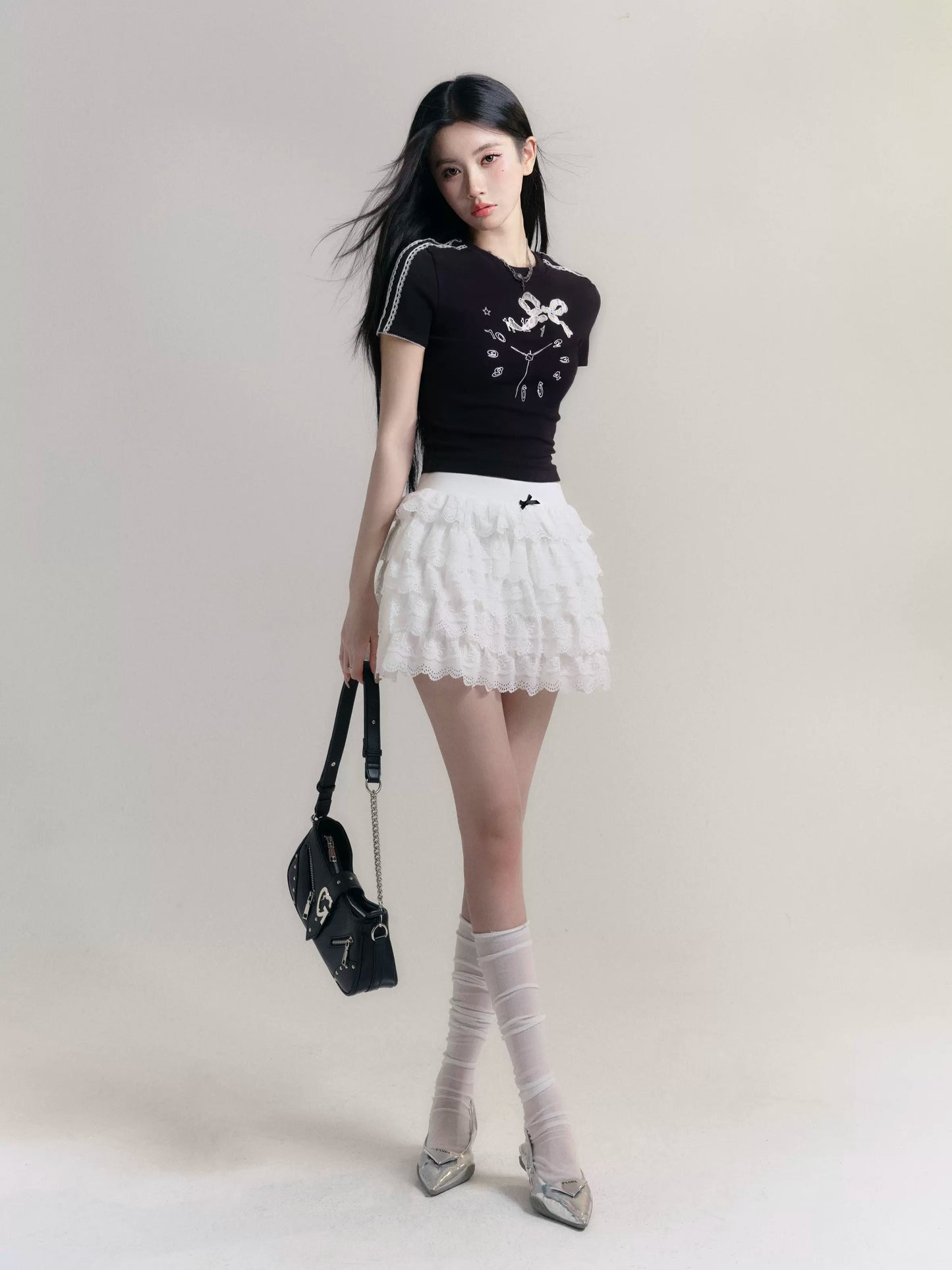 Multi-Layered Ruffled Lace Mini Skirt With Bow Accent