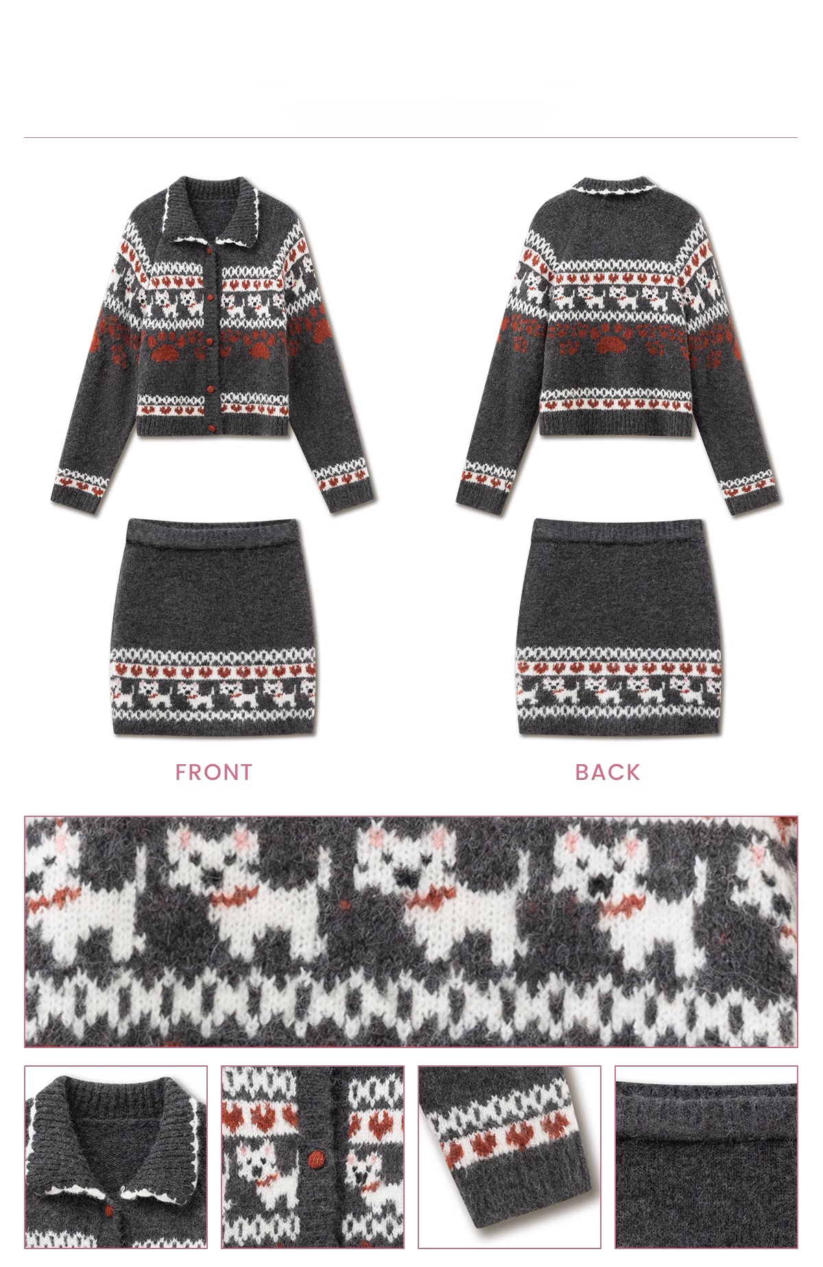 Fair Isle Dog Motif Cardigan And Matching Skirt