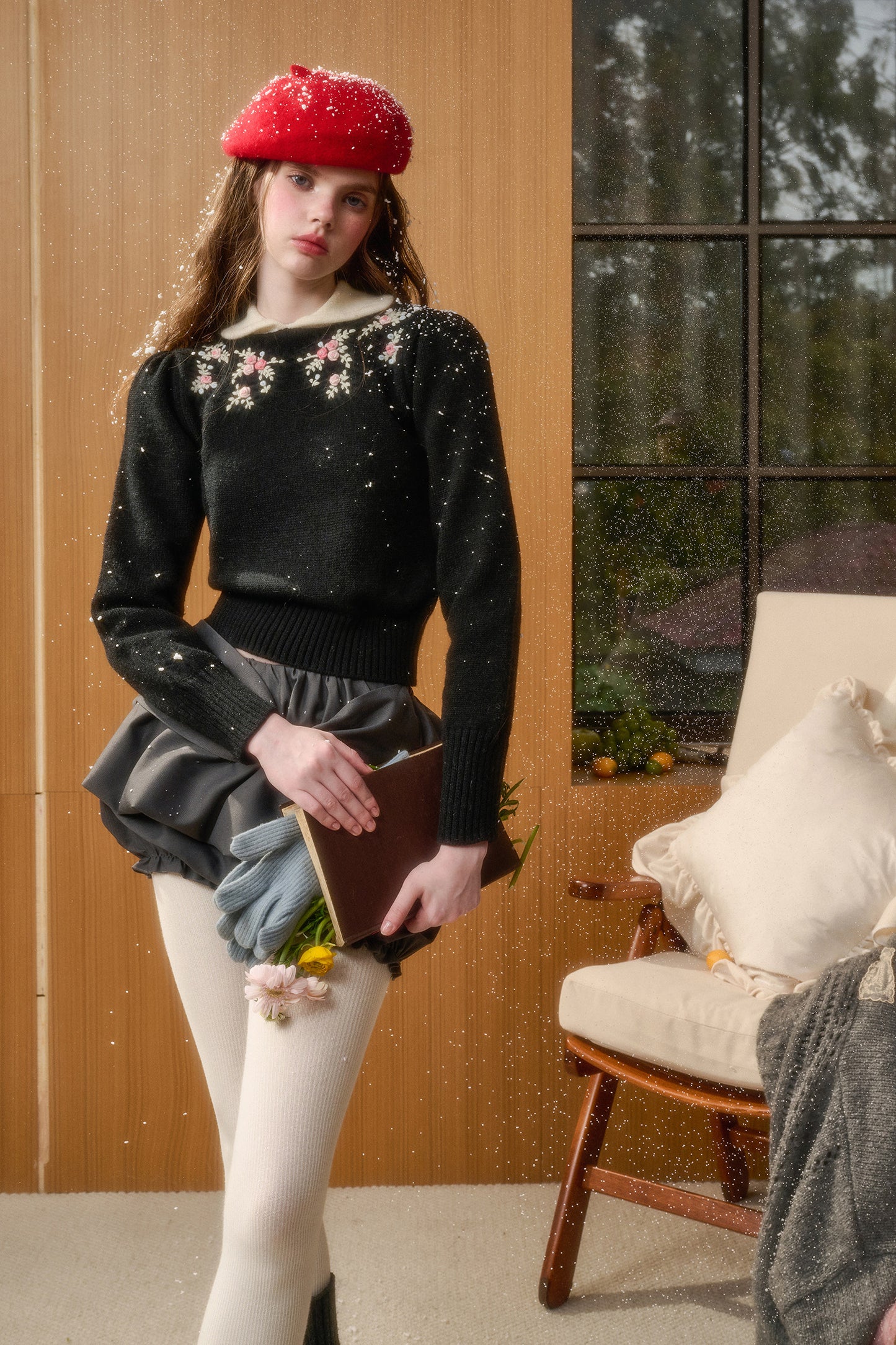 Cotton Blend Floral Embroidery Knit Top