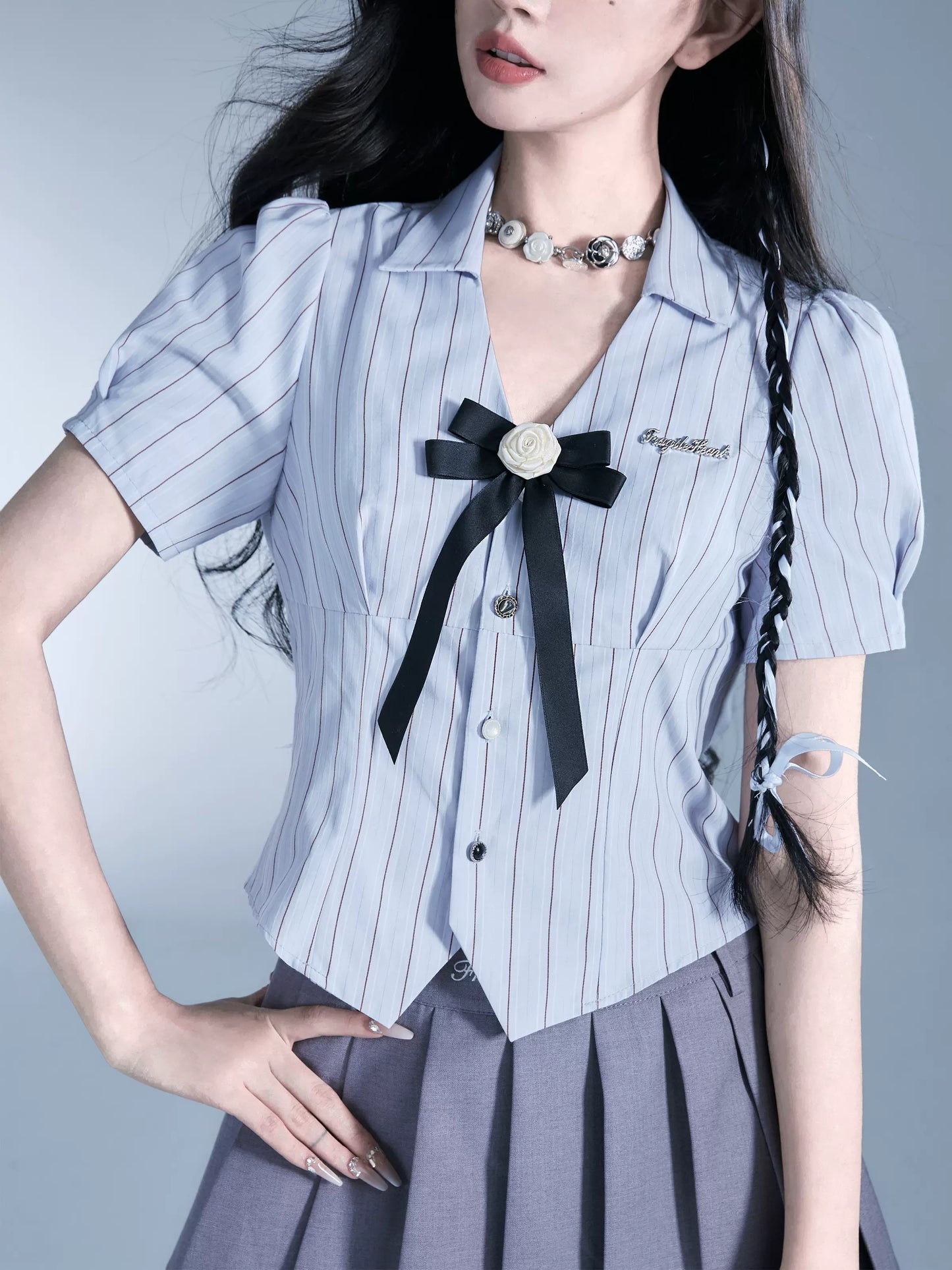 School Girl Style Rose Open Collar Shirt And Pleated Skirt