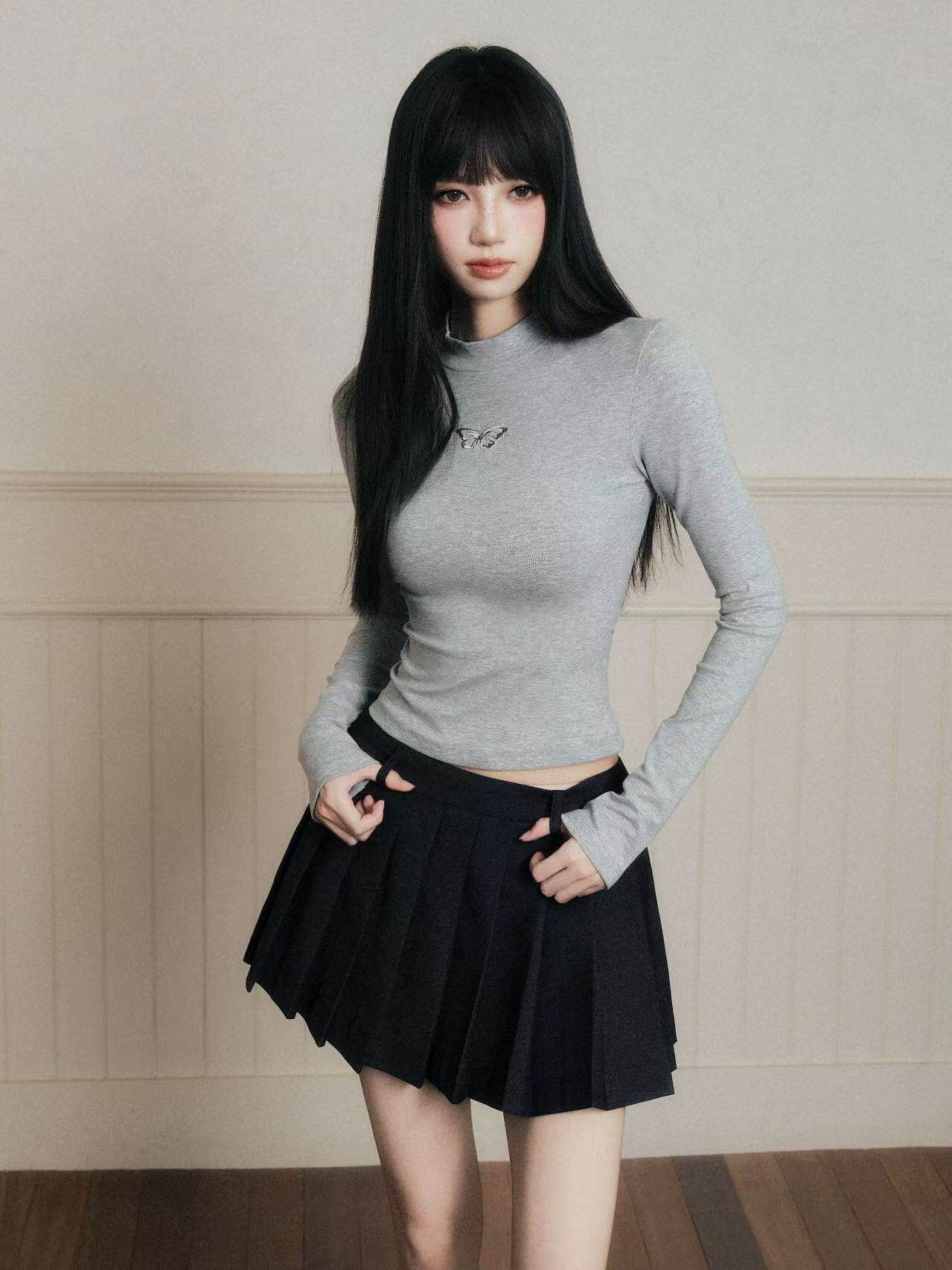 Butterfly Embroidered Mock Neck T-Shirt