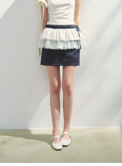 Lace Layered Mini Skirt With Tie Detail