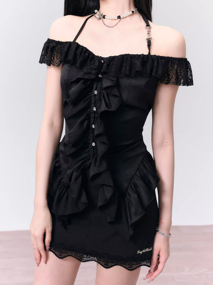 Satin Lace Chic Off Shoulder Halter Neck Frilled Top