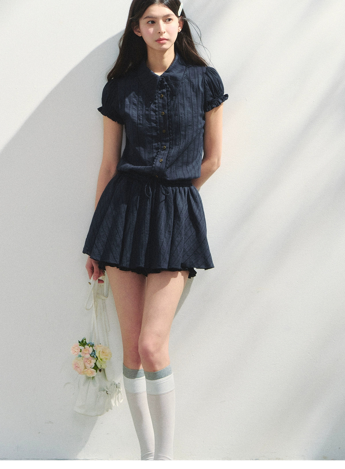 Waist-Tied Puff-Sleeve Shirt Dress