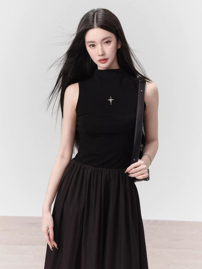 Knitted Sleeveless High Neck Long Dress With Cross Charm