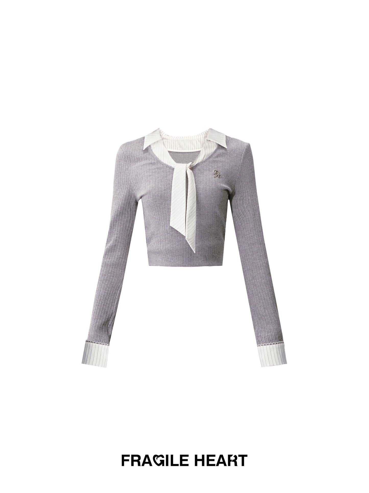 Tie-Neck Faux Layered Rib Knit Top